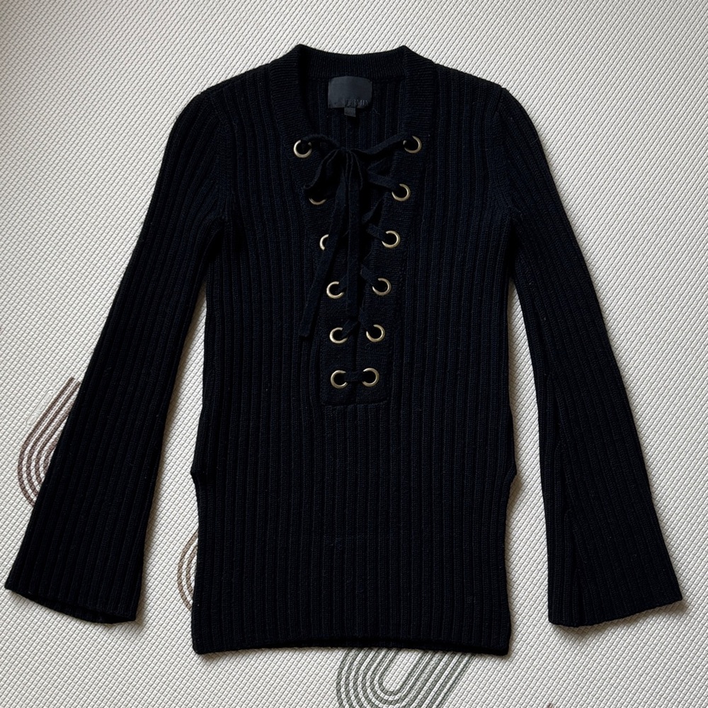 INTERMIX Black Ribbed Lace-Up Knit Top with Gold Grommets
